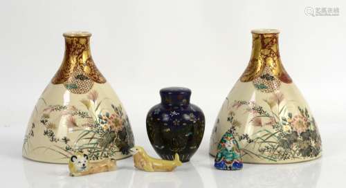 A pair of Japanese Satsuma pottery sake bottles, Dai Nippon Taizan Sei mark, 18cm, Chinese cloisonné