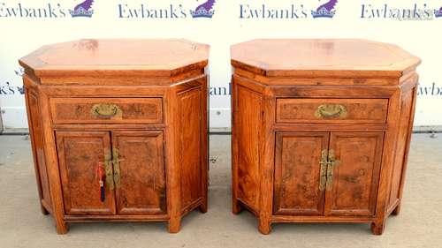 A pair of Chinese wood cabinets; each one approximately 62 x 49 x 51 cm, and of Eight-sided form