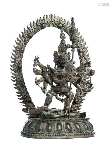 A LARGE BRONZE SHRINE DEPICTING SAMVARA, TIBET, 20TH CENTURY