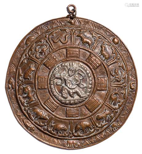 A COPPER REPOUSSE ZODIAC MANDALA, TIBET, 19TH CENTURY