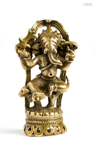 A SMALL BRASS FIGURE OF GANESHA, HIMACHAL PRADESH, NORTH-WESTERN INDIA, 18TH / 19TH CENTURY