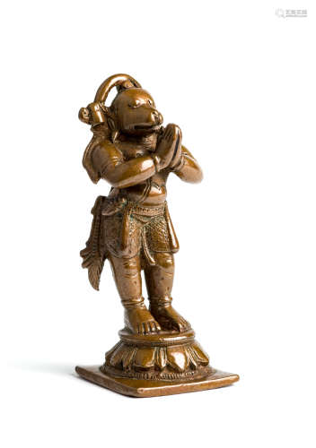 A BRONZE FIGURE OF HANUMAN, TAMIL NADU, SOUTH INDIA, CIRCA 18TH CENTURY