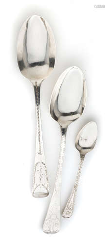 A PAIR OF GEORGE III SILVER TABLESPOONS AND EIGHT TEASPOONS, JOSEPH HICKS, EXETER, 1786 AND CIRCA