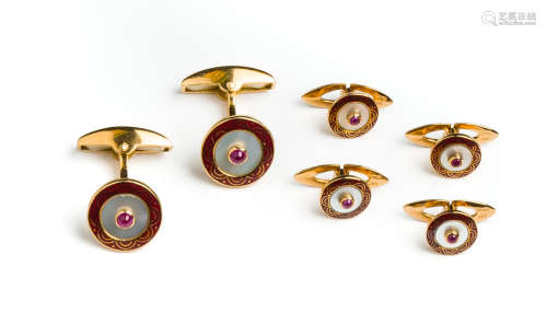 RUBY, MOTHER-OF-PEARL AND ENAMEL DRESS SET