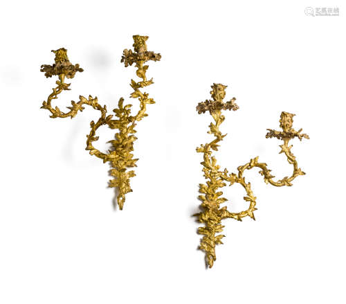 □ A PAIR OF GILT-BRONZE TWO-LIGHT WALL SCONCES, PROBABLY ENGLISH MID 19TH CENTURY