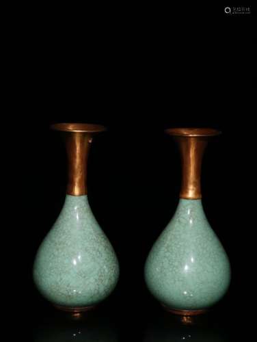 Pair Of Chinese Porcelain Jun Kiln Vases With Gold