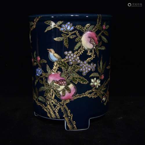 A Chinese Porcelain Blue Glazed Famille Rose Brush Pot