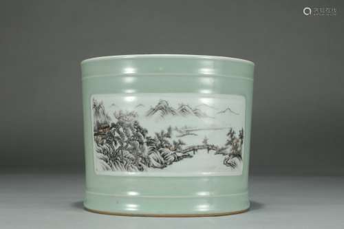 A Chinese Porcelain Ink-Colored Landscape Brush Pot
