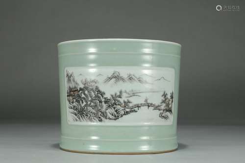 A Chinese Porcelain Ink-Colored Landscape Brush Pot