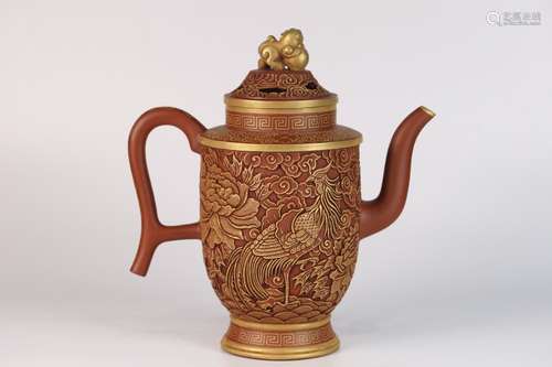 A Chinese Zisha Teapot Of Gold Painting