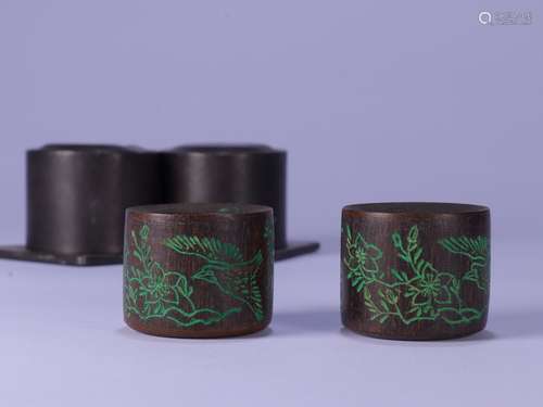 Pair Of Chinese Agarwood Thumb Rings With Box