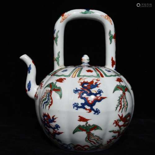 A Chinese Porcelain Wu Cai Dragon Pot With Handle