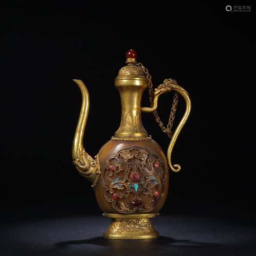 A Chinese Agate&Gilding Pot With Floral Pattern Embeded Gems