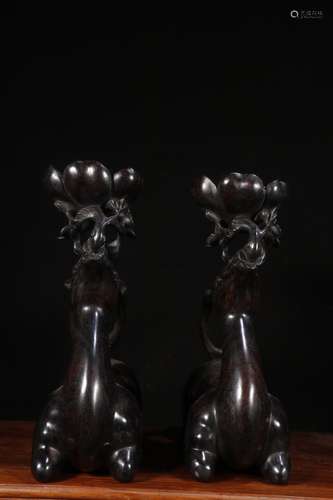 Pair Of Chinese Agarwood Deer Shaped Candle Holders