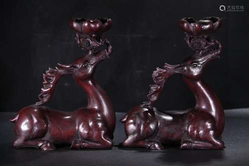 Pair Of Chinese Agarwood Deer Shaped Ornaments