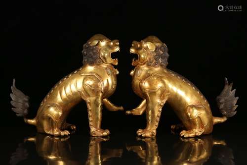 Set Of Chinese Gilt Bronze Lion Ornaments