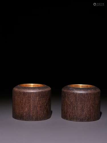 Pair Of Chinese Agarwood Thumb Rings Embeded Gilding