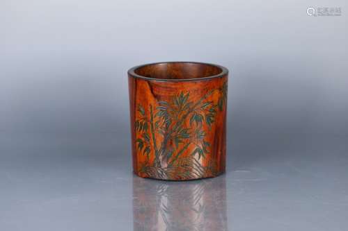 A Chinese Yellow Pear Wood Brush Pot