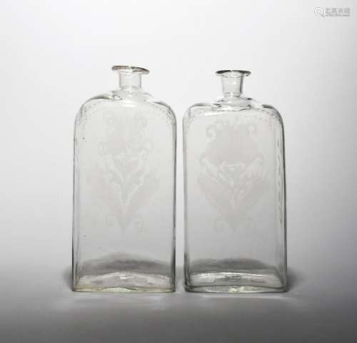 A large pair of Dutch or Bohemian glass spirit flasks c.1740, of flattened rectangular form with