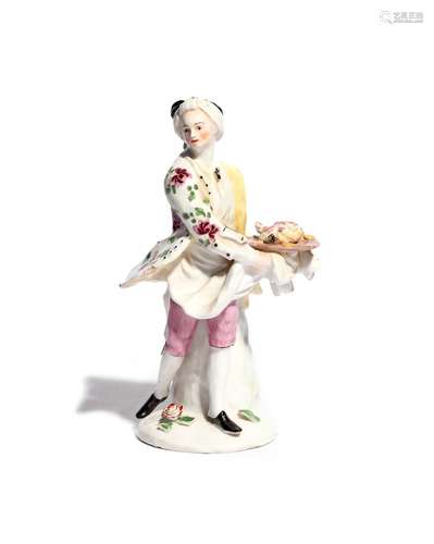 A rare Bow figure of the Poultry Chef c.1755, wearing a floral-patterned coat over pink breeches,