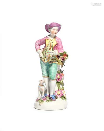 A Derby figure of the Garland Shepherd c.1760-65, leaning on a tree stump applied with flowers and