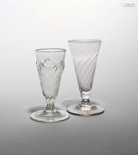 Two dwarf ale glasses c.1730 and c.1770, the smaller glass with spiral moulding and a flammiform