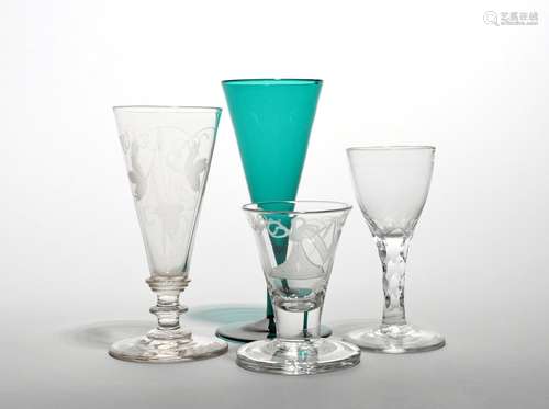 Four English glasses late 18th/19th century, including a Masonic firing glass engraved with a set