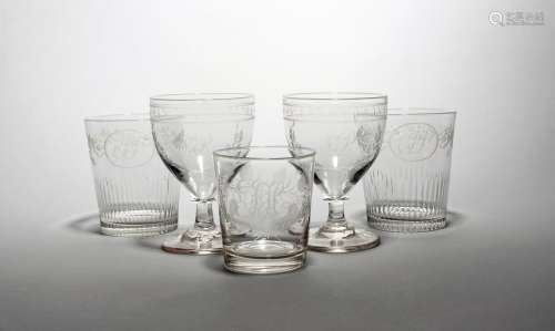 A pair of glass rummers and a pair of tumblers 19th century, the rummers with rounded bowls engraved