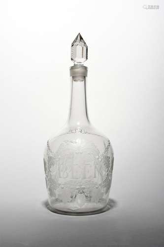 A rare magnum Beer decanter and stopper c.1765, the round-shouldered form engraved to one side