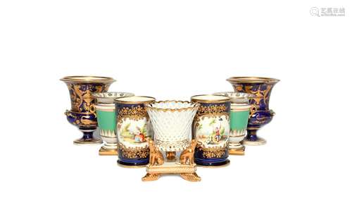 Three pairs of English porcelain spill vases 1st half 19th century, one pair Derby and of campana