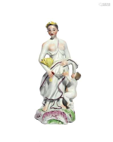 A Longton Hall figure of Ceres c.1755, emblematic of Summer, standing with a putto, holding a