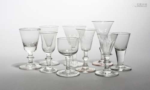 Nine small glasses 18th/19th century, with drawn trumpet, bucket and bell bowls raised on plain,