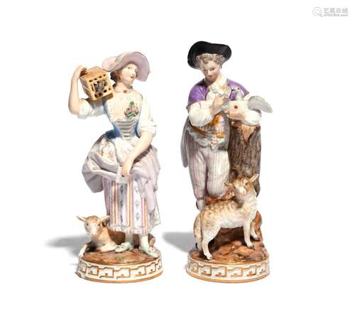 A pair of Meissen figures of sweethearts 19th century, he standing and fastening a love letter