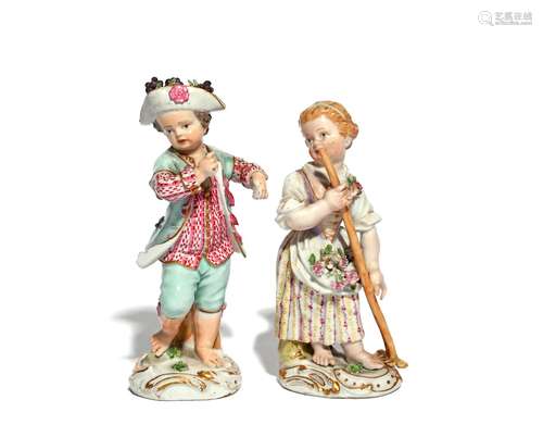 A pair of Meissen figures of children gardeners late 18th century, modelled as a boy wearing a hat