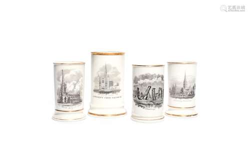 Four English porcelain spill vases 1st half 19th century, printed in black with scenes of