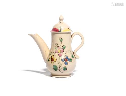 A miniature salt-glazed stoneware coffee pot and cover c.1750-60, the baluster form painted with