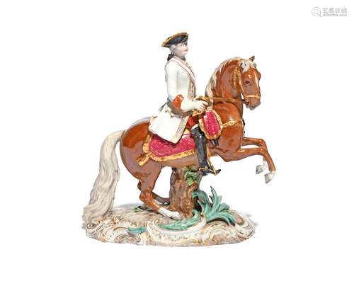 A large Meissen figure of an officer on horseback 19th century, his mount reared up on its hind