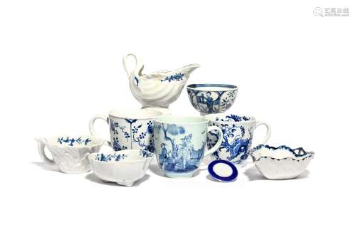 A small group of English blue and white porcelains c.1760-80, including a Vauxhall coffee cup