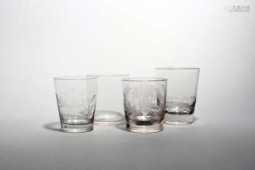 Four glass tumblers or beakers 19th century, of flared cylindrical form, one engraved for William