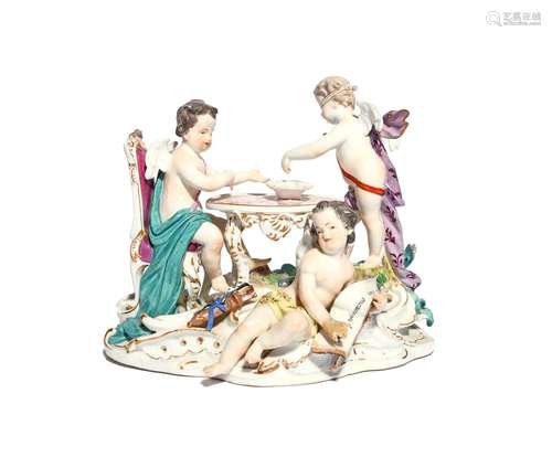 A Meissen figure group c.1765-70, of three putti beside a table, one blindfolded and drawing lots