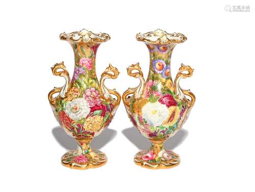 A pair of Spode Copeland's China vases 1st half 20th century, of rococo-scrolled form, decorated