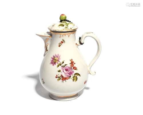 A Vienna hot water jug and cover c.1775, painted with polychrome flower sprays and small scattered