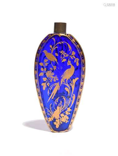 A blue glass scent bottle late 18th century, of flatted ovoid form, gilded in the James Giles