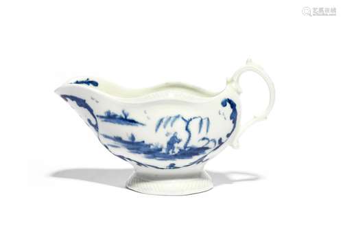 A rare Worcester blue and white sauceboat c.1765, of plain shape, painted with the One Porter