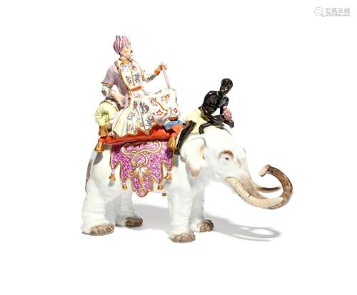 A Meissen-style figure of a Sultan on the back of an elephant 19th century, after the model by J J