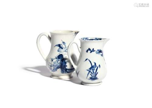 Two Worcester blue and white milk jugs c.1754-58, one of Scratch Cross type and painted with the