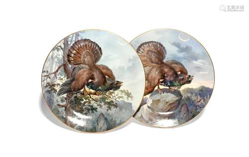 A pair of large Meissen cabinet plates 20th century, each painted with a large wood grouse or