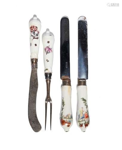 A Meissen-handled knife and fork mid 18th century, the handles finely painted with flower stems