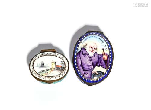 Two English enamel patch boxes late 18th century, of oval form, one painted with an elderly beggar