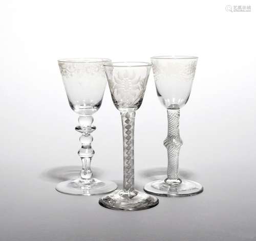 Three small wine glasses mid 18th century, one of possible Jacobite relevance, with a round funnel